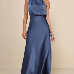 Lulus Distinctive Charm Slate Blue Satin Asymmetrical Maxi Dress
